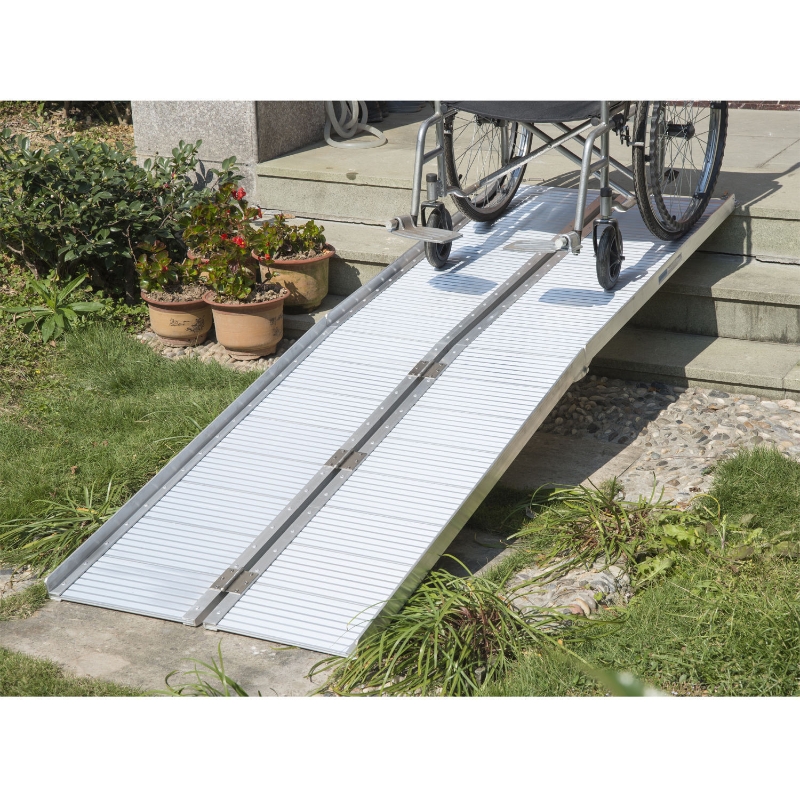 HomCom Small Portable Tri-Fold Lightweight Aluminum Stair Doorway Entry Disability Ramp - Silver