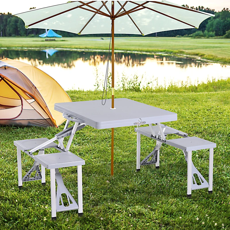 Outsunny Outdoor Picnic Table Chair 4-Seat Set Folding Patio Furniture w/Umbrella Hole - Grey