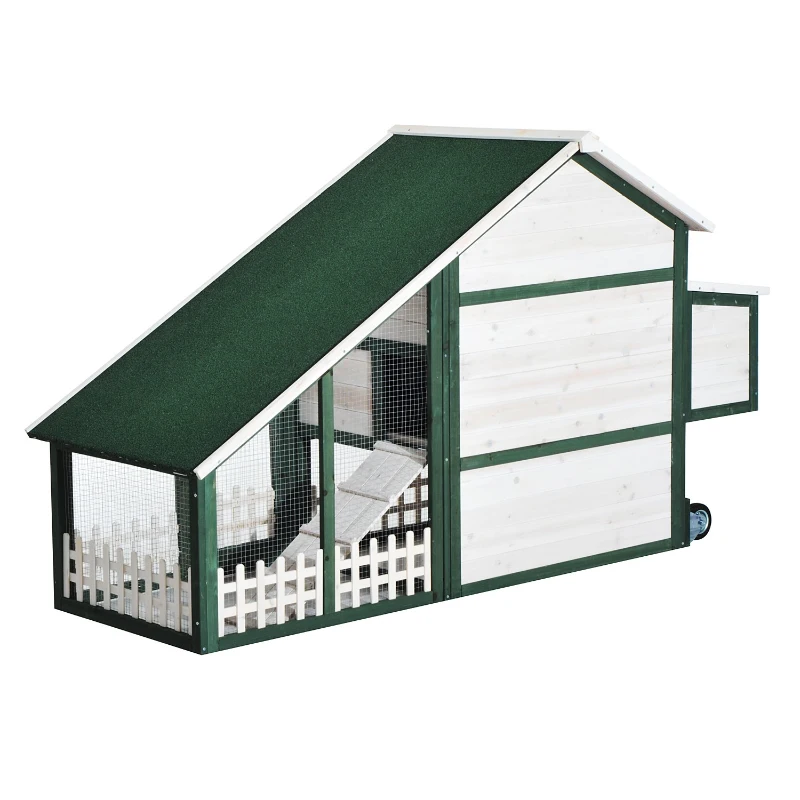 Open Box PawHut 76" Portable Slanted Wooden Chicken Coop Kit With Wheels, Covered Run And Nesting Box 