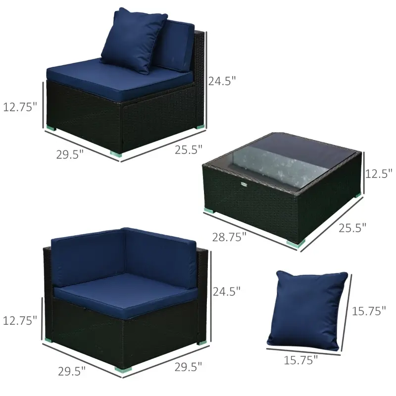 Outsunny 7 Piece Set Rattan Sofa Luxury Modular Conversation Outdoor Furniture - Deep Blue