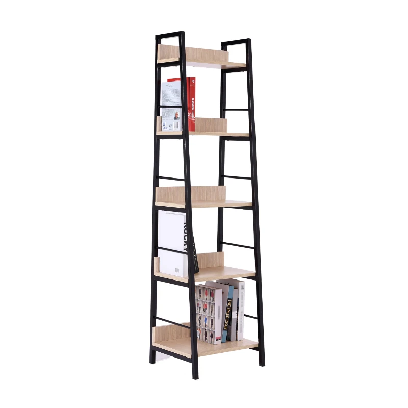 HomCom 5-Shelf Modern Ladder Bookcase - Golden Oak/Black