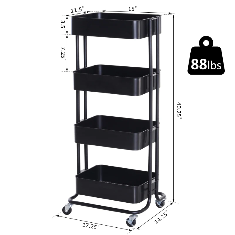 HOMCOM 4-Tier Rolling Metal Kitchen Utility Cart Trolley with Storage - Black