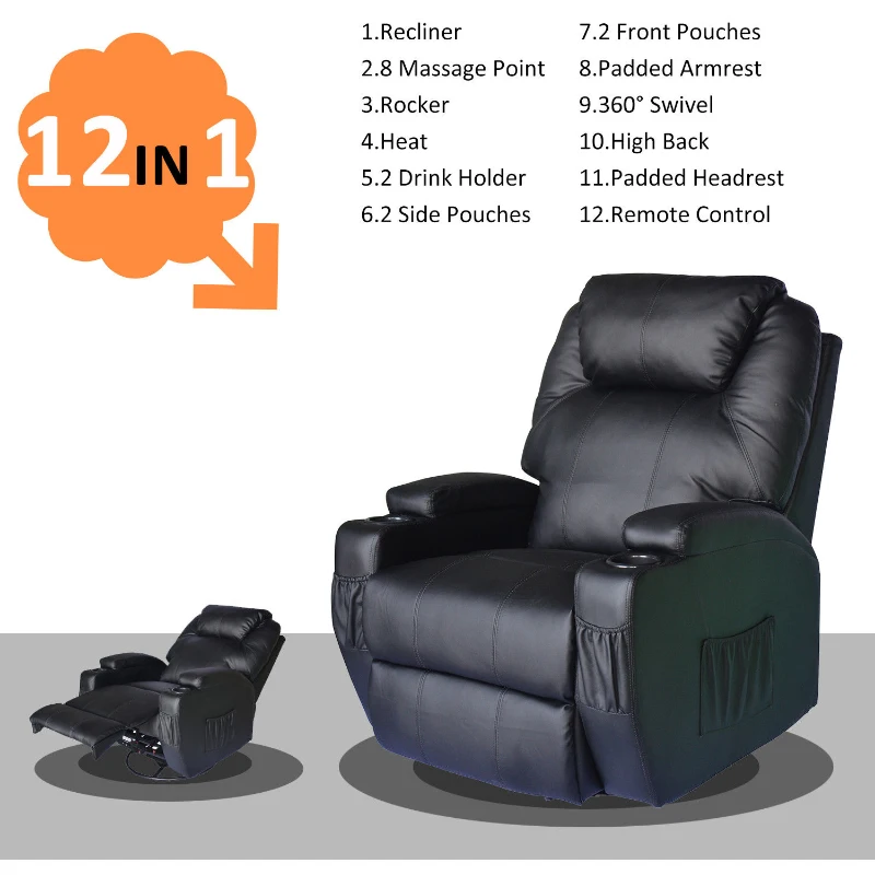HOMCOM Faux Leather Heated Massage Recliner Chair with Remote - Black
