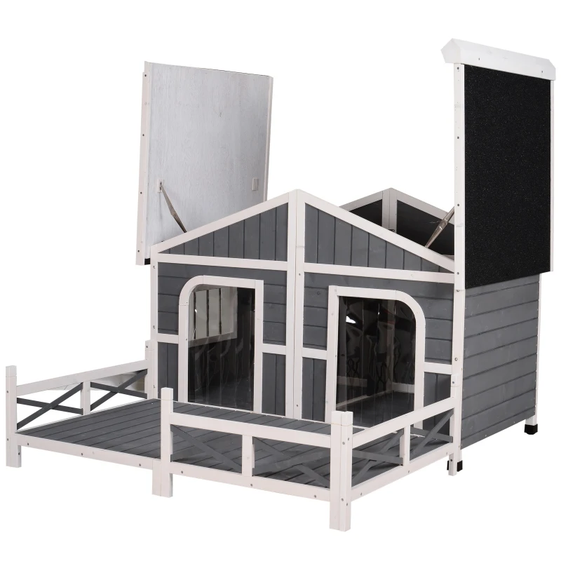 PawHut Large Wooden Dog House, Grey - Spacious Shelter for Pets, Perfect for Porch or Deck, 59" L