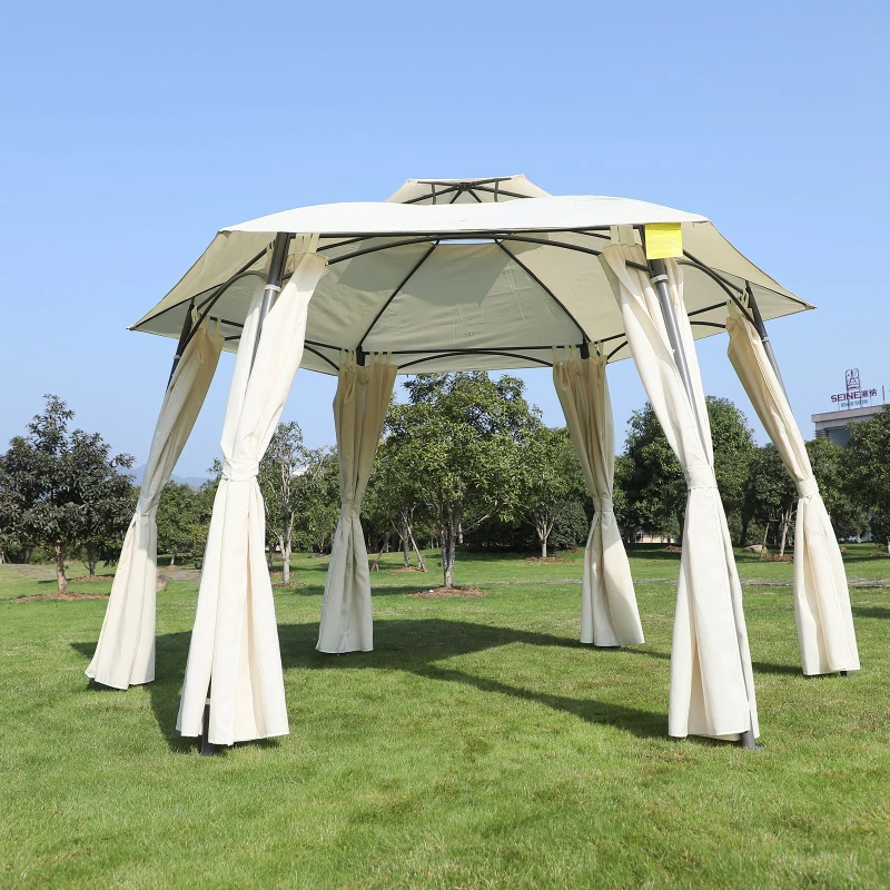 Outsunny 12' x 9' Steel Outdoor Hexagon Gazebo Pavilion Canopy Tent with Curtains - Cream White