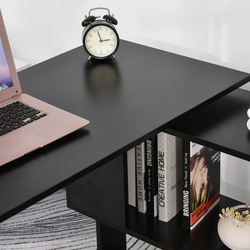 HomCom 360° Rotating Home Office Corner Desk and Storage Shelf Combo L-Shaped Table Workstation - Black