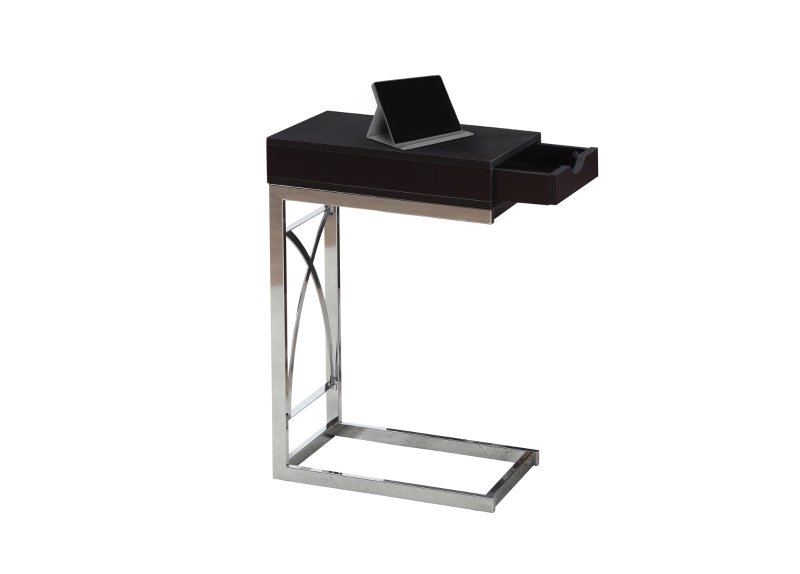 Monarch 25" Contemporary Chrome Metal Base C-Shaped Side Accent Table with Storage Drawer - Cappuccino Brown Finish