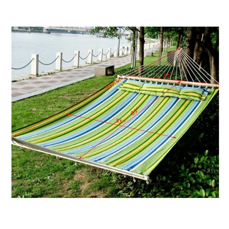 Outsunny 74" x 55" Outdoor Patio Cotton Double Hammock Bed w/ Pillow - Green / Blue