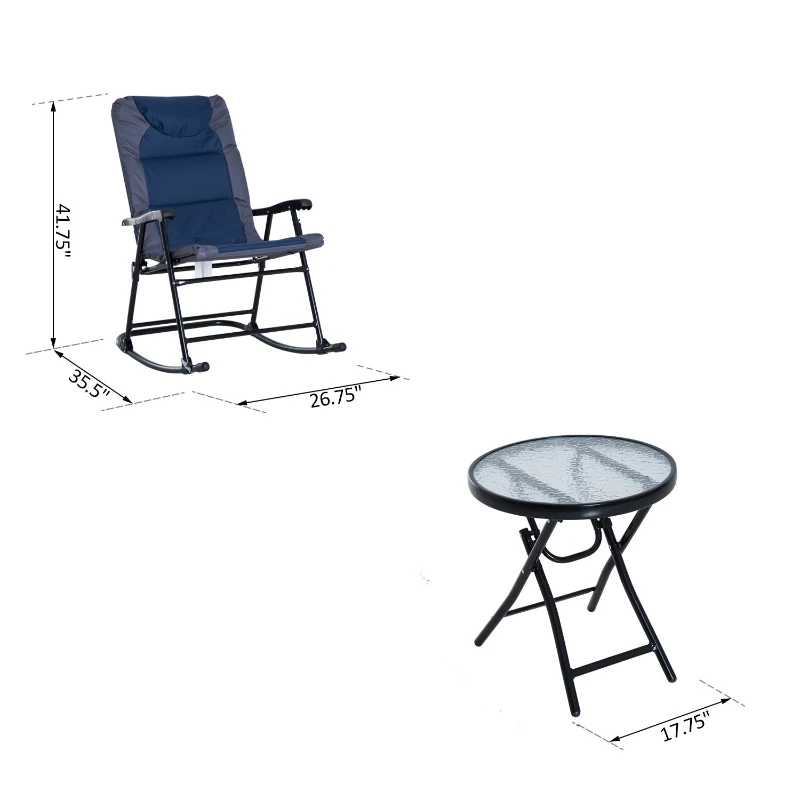 Outsunny 3 Piece Outdoor Patio Set with Glass Coffee Table & 2 Folding Padded Rocking Chairs, Navy Blue