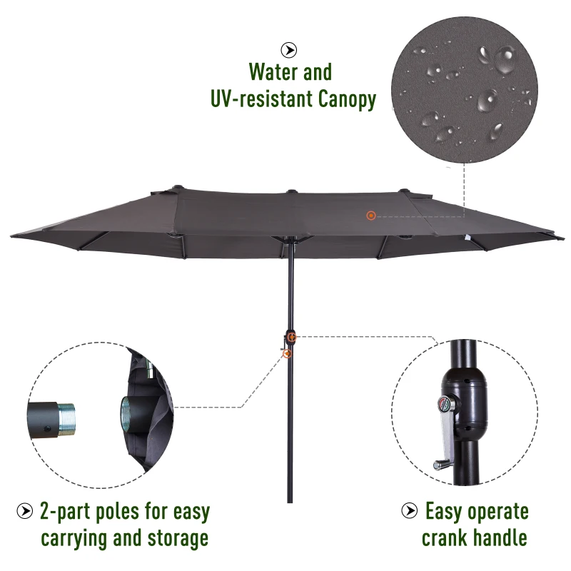 Outsunny 15' Double-Sided Patio Umbrella, Outdoor Market Umbrella with Steel Pole, UV Protection, Grey