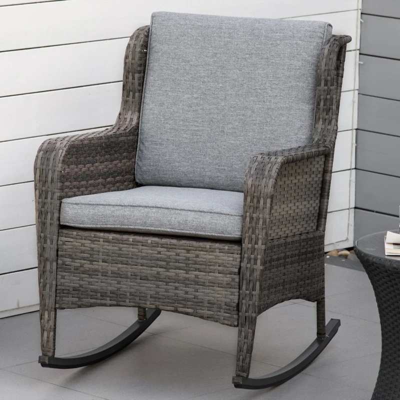 Outsunny Patio Wicker Rocking Chair, Outdoor PE Rattan Swing Chair w/ Soft Cushions, Classic Style for Garden, Patio, Lawn, Mixed Gray
