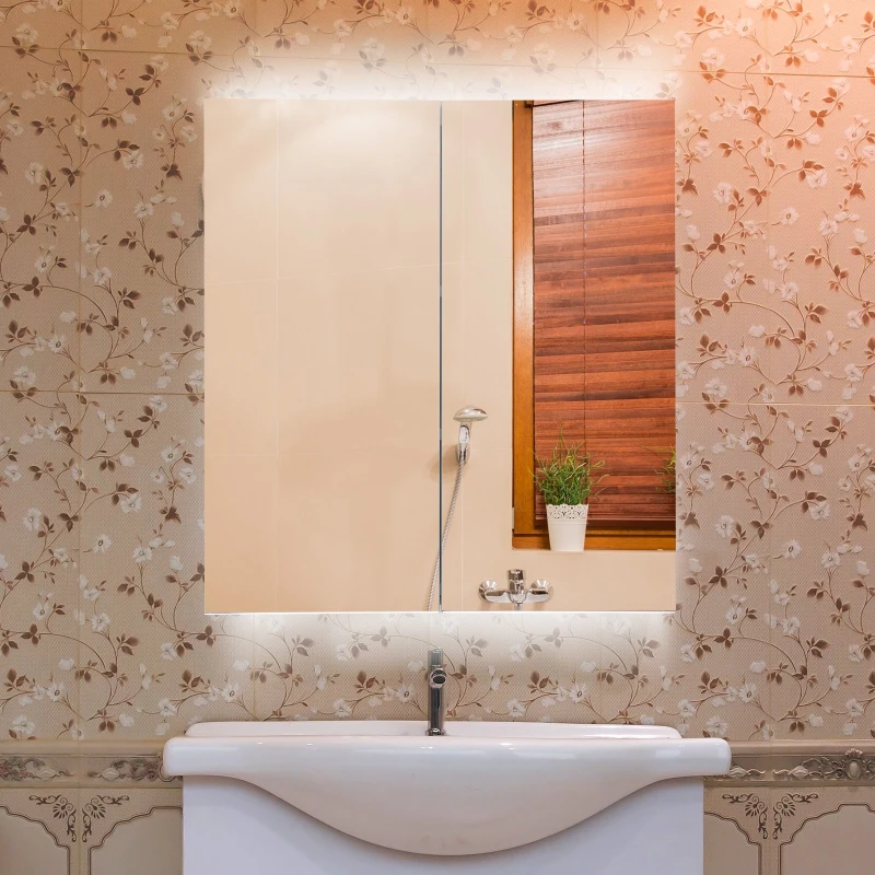 Kleankin 25" x 27" Double Door LED Bathroom Mirror Medicine Cabinet - White Oak