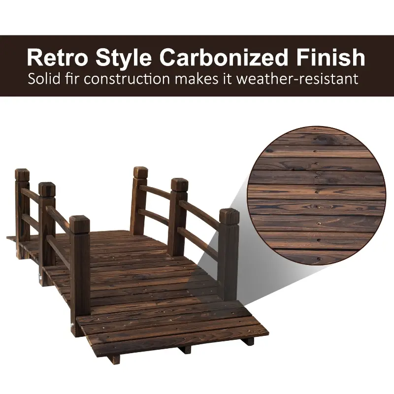 Outsunny 5" Wooden Rustic Arched Garden Bridge Yard Decoration with Railings - Stained Wood