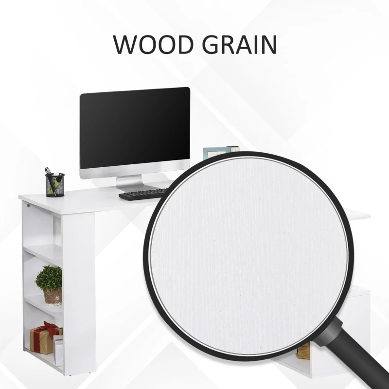 HomCom 360° Rotating Home Office Corner Desk and Storage Shelf Combo L-Shaped Table Workstation - White