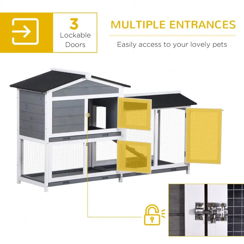PawHut 2-tier Indoor Rabbit Enclosure, Wood Hutch Backyard Small Animal House Ramp Outdoor Run Enclosed