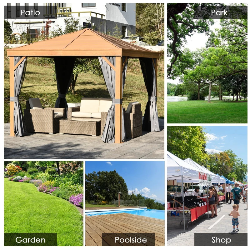 Outsunny 10' x 10' Wood Backyard Hardtop Canopy Gazebo with Screened Curtains, Sling Netting and Strong Frame