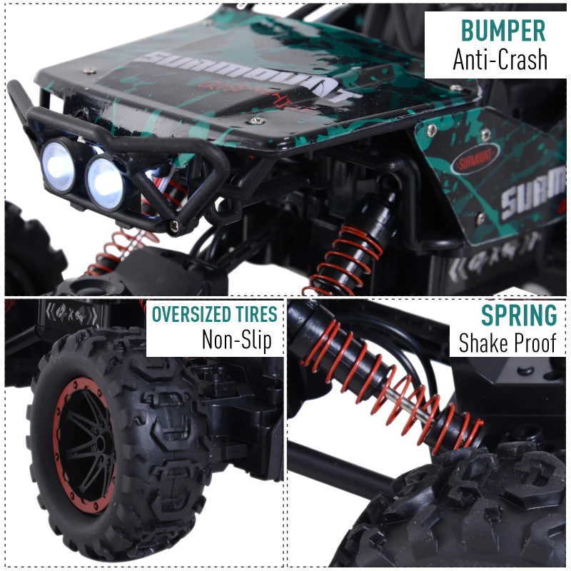Aosom 1:12 Scale 2.4Ghz 4WD RC Rock Crawler Off-Road Electric Monster Truck - Green