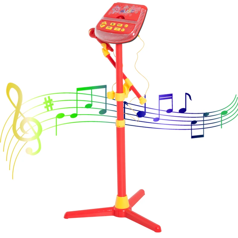 Qaba Kids Karaoke Machine Toy Play Set Music Lights with Microphones and Adjustable Stand - Red