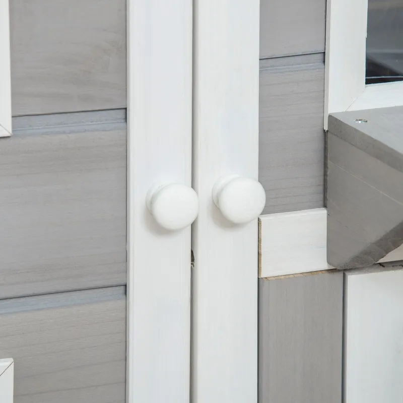 PawHut 2-Tier Cat House, Outdoor Feral Cat Shelter, with Weather Resistant Roof, Escape Door, PVC Curtain, Glass Window, Grey