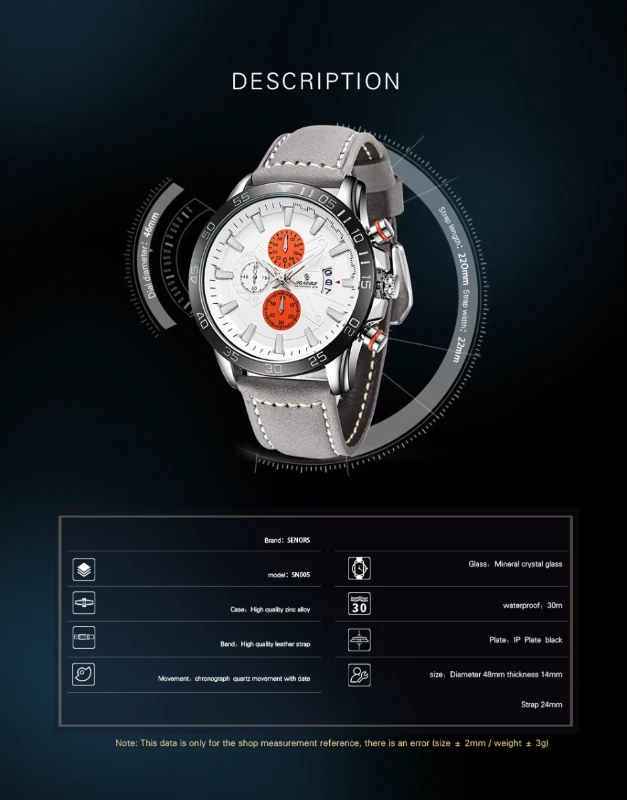 Senors Orange Dial Men's Chronograph Watch Grey Genuine Leather Strap Quartz Watch Auto Date Sports Mens Watches Internet Celebrity