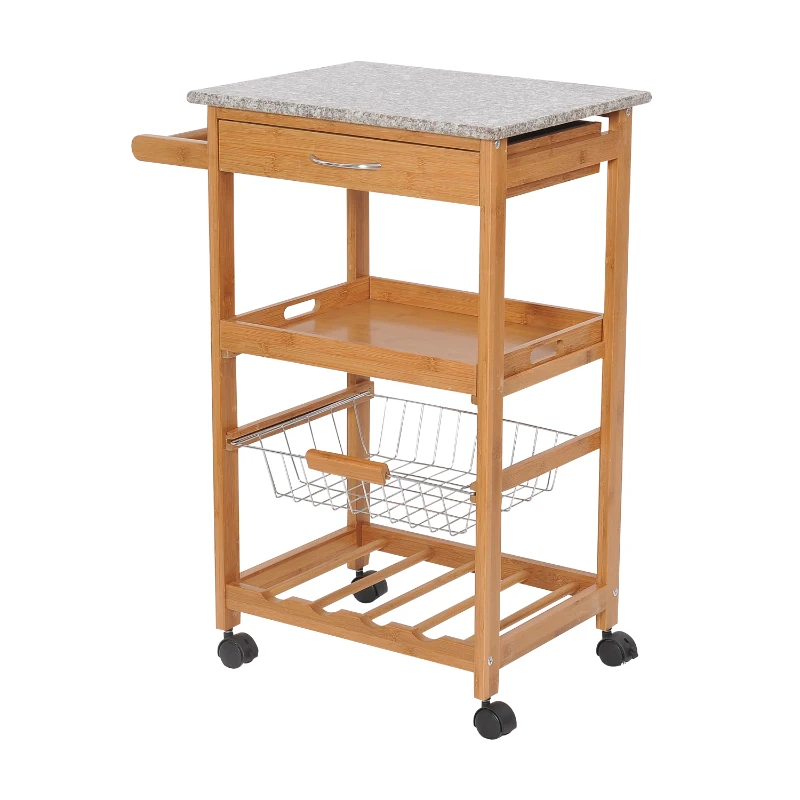 HomCom 31" Wooden Kitchen Island Rolling Storage Cart Dining Food Service Cabinet Trolley With Granite Top and Wine Rack