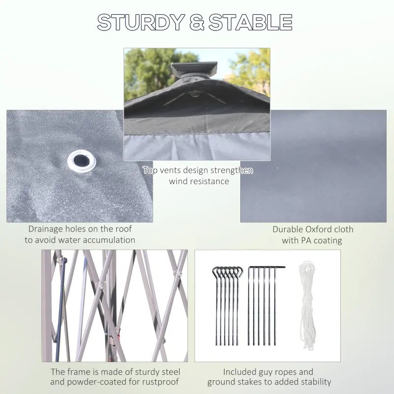 Outsunny Pop Up Gazebo Tent Height Adjustable Canopy w/ Solar LED Light and Mesh Netting, Grey