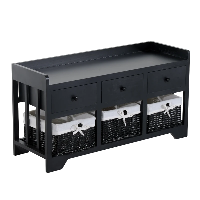 HomCom 39” Rustic Wooden 3 Drawer 3 Basket Storage Bench With Padded Seat  - Black/Beige