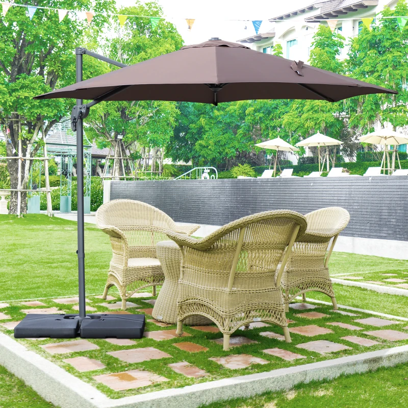 Outsunny 10' Hanging Tilt Offset Cantilever Patio Umbrella with 6-Level Adjustable Angle, Base Stand, UV Fighting Canopy, & 360° Rotation, Coffee