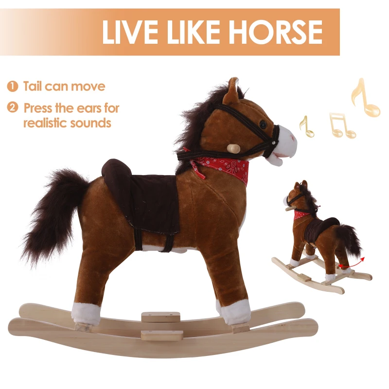 Qaba Kids Rocking Plush Horse Ride on Toy Sound Rocker w/Scarf - Brown