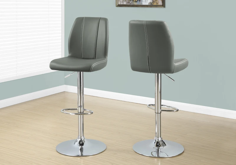 Monarch 2 Piece PU Leather Padded Seat Chrome Metal Framed Hydraulic Lift Swivel Barstool Chair Set - Grey Finish