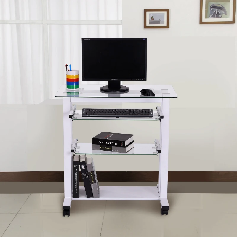 HomCom 33" Contemporary Glass Top Portable Workstation Desk Cart With Shelves - White