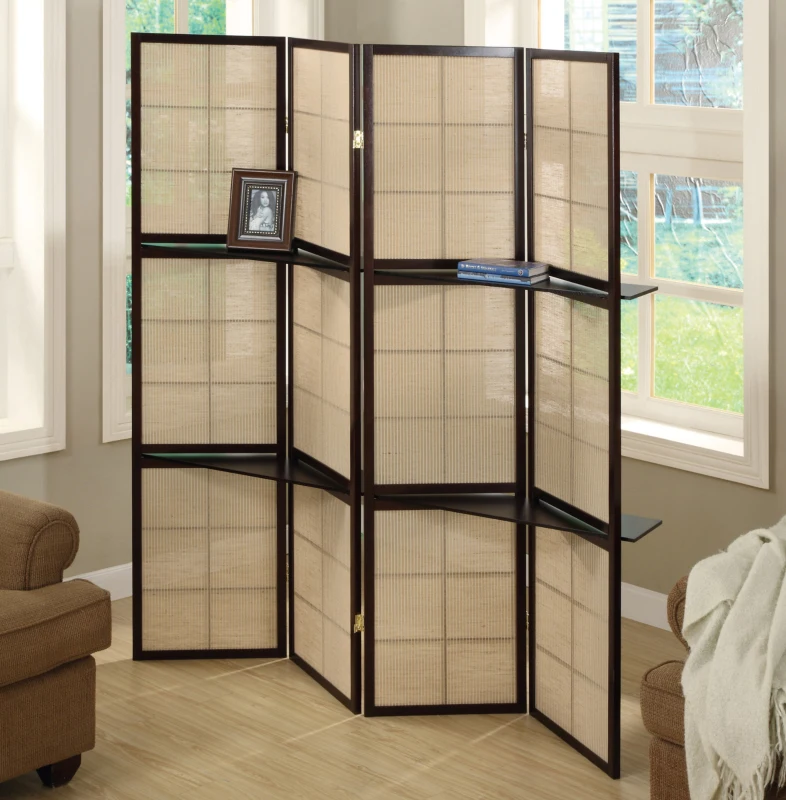 Monarch 4-Panel Checkerboard Motif Folding Privacy Screen Room Divider with 2 Display Shelves - Cappuccino Wood Frame