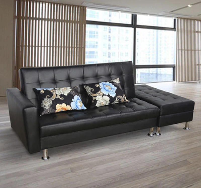HomCom Faux Leather Convertible Sofa Sleeper Bed with Storage Ottoman - Black