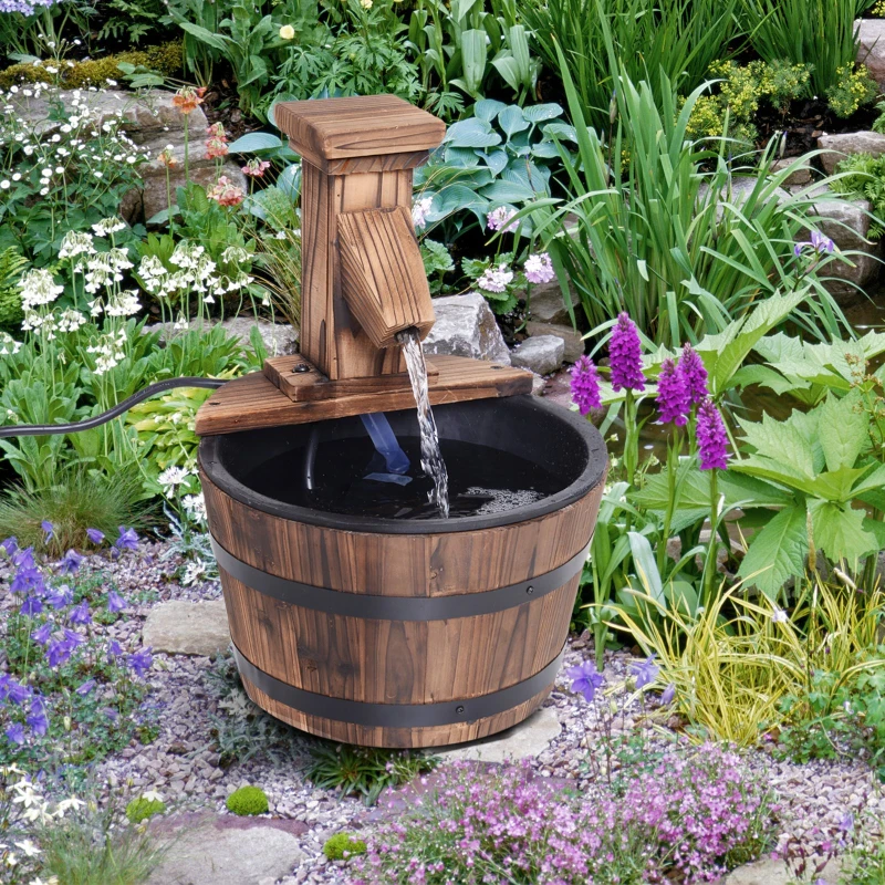 Outsunny Barrel Water Fountain Wood Garden Decor Metal Rustic Outdoor Pump with Flower Planter