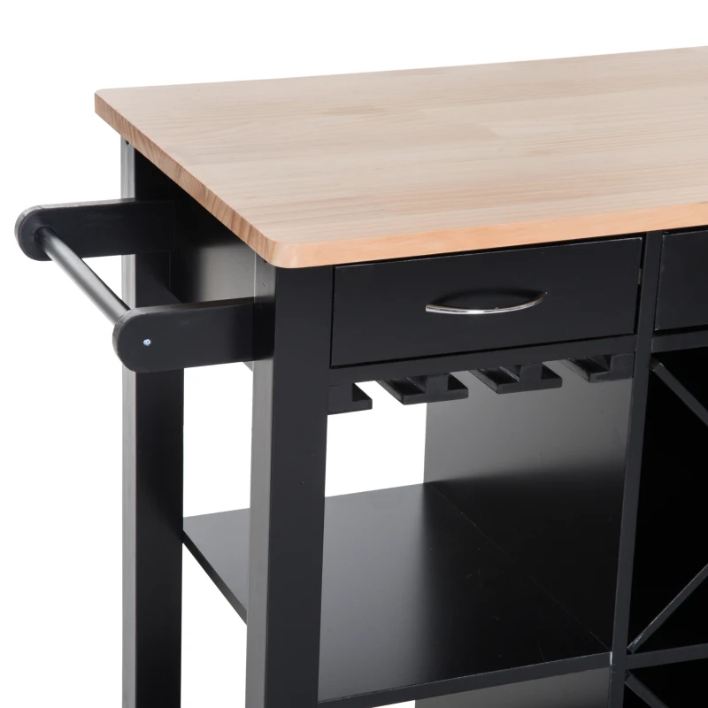 HomCom 44" Wooden Butcher Block Kitchen Island with Wine Rack - Black