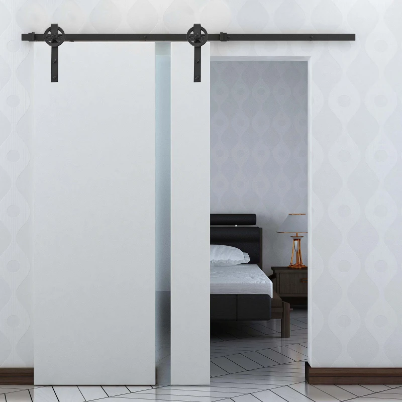 HomCom 6.6' Carbon Steel Industrial Wheel Sliding Interior Barn Door Hardware Kit - Frost Black