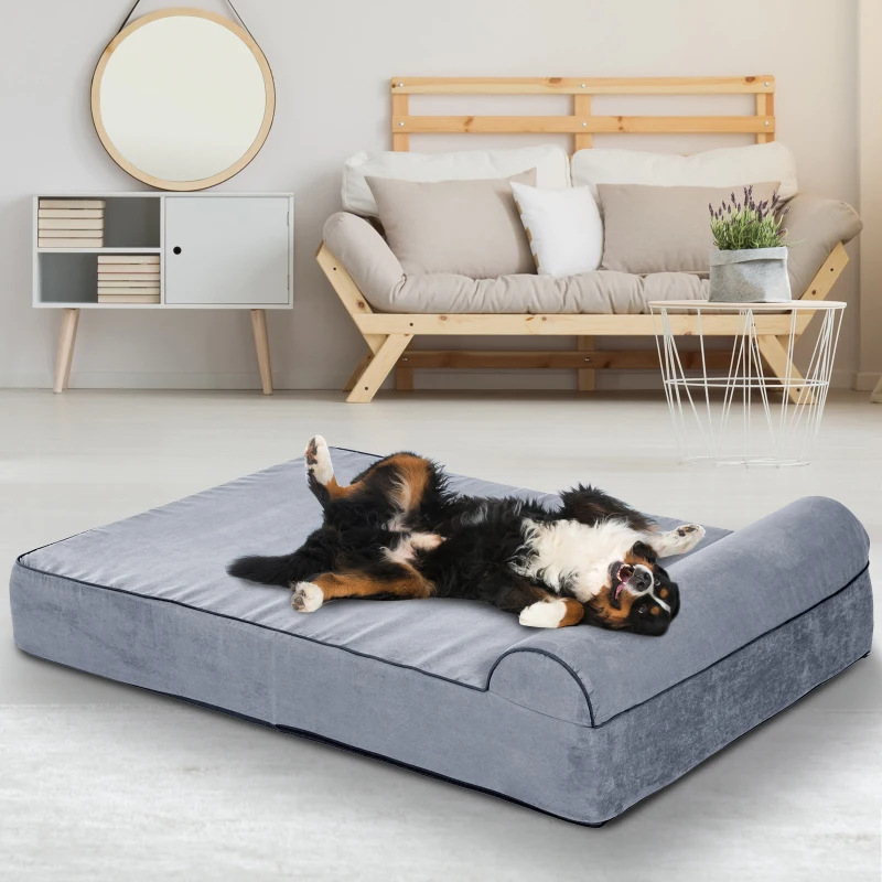 PawHut Orthopedic 52" x 36" Suede Padded Pet Dog Bed  Memory Foam Bolster with Pillow - Grey with Navy Blue Liner
