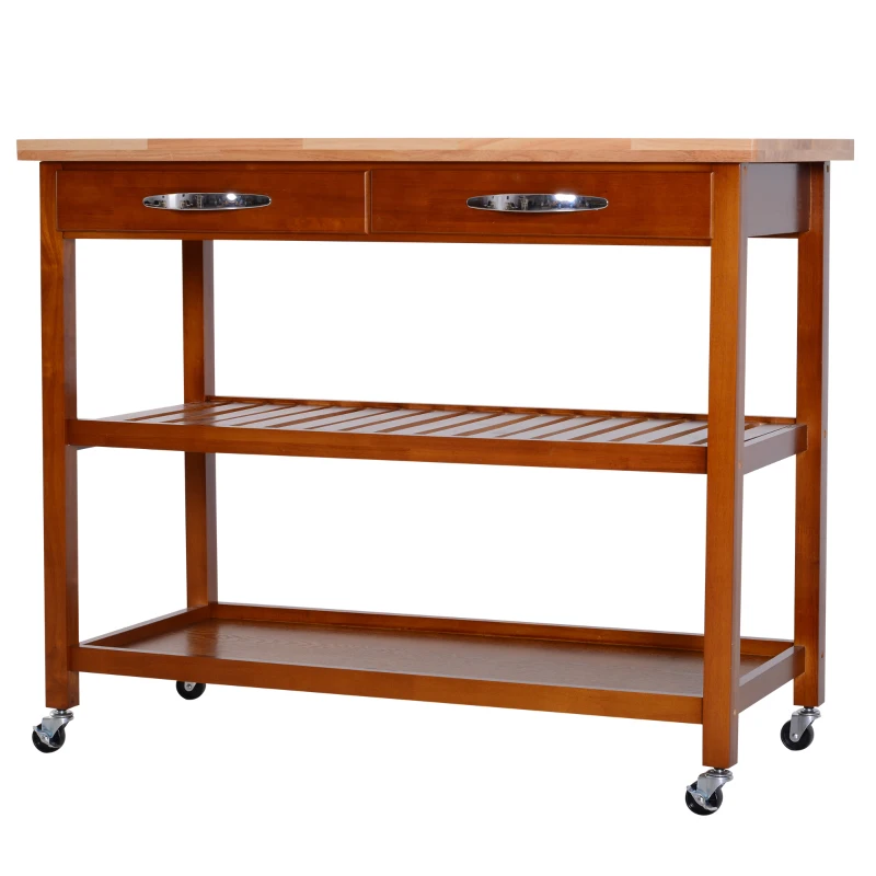 HomCom 44" 3-Tier Rubberwood Kitchen Island Cart on Wheels - Brown