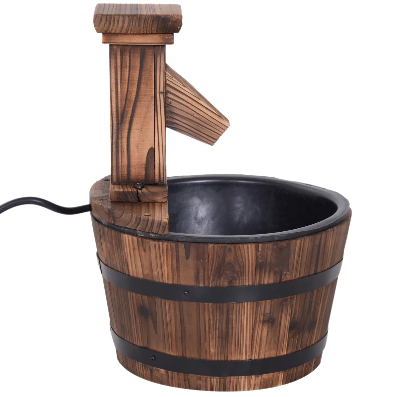 Outsunny Barrel Water Fountain Wood Garden Decor Metal Rustic Outdoor Pump with Flower Planter