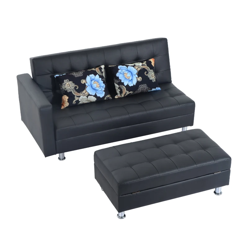 HomCom Faux Leather Convertible Sofa Sleeper Bed with Storage Ottoman - Black