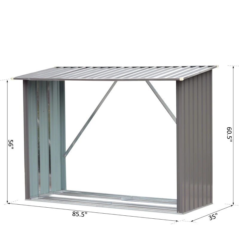 Outsunny 85" Steel Sturdy Firewood Covered Shed Storage Rack - Gray