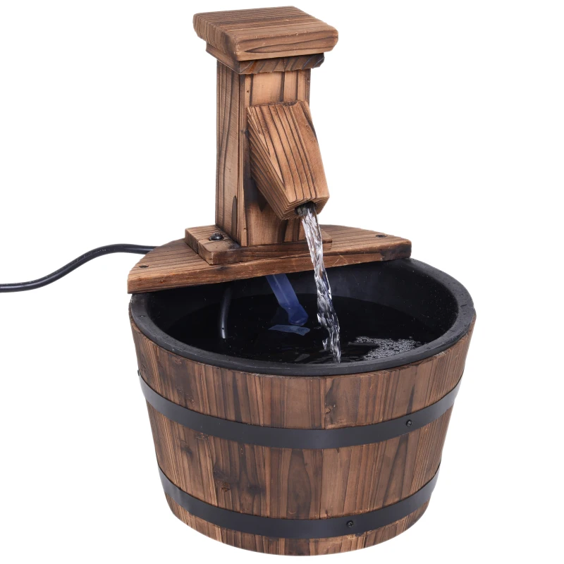 Outsunny Barrel Water Fountain Wood Garden Decor Metal Rustic Outdoor Pump with Flower Planter