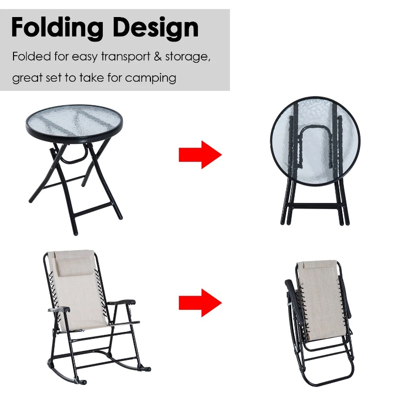 Outsunny Outdoor Sling Mesh Lounger Folding Rocking Chair Patio Table Seating Set - Cream White