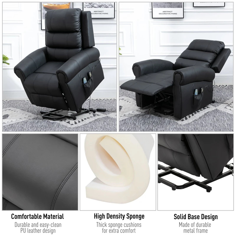 HOMCOM Power Lift Chair Heated Vibrating Massage Recliner Sofa with Remote PU Black