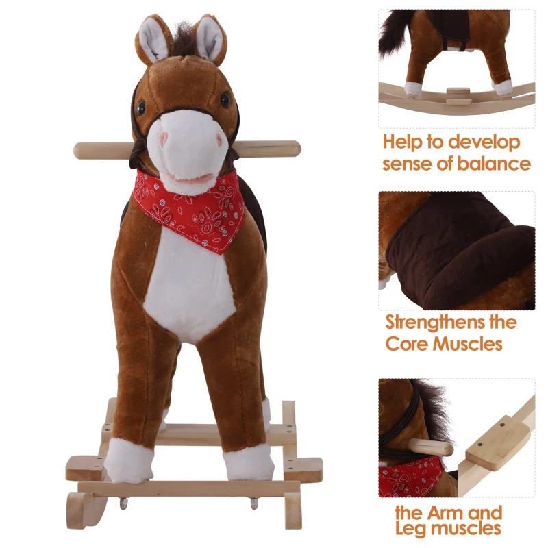 Qaba Kids Rocking Plush Horse Ride on Toy Sound Rocker w/Scarf - Brown