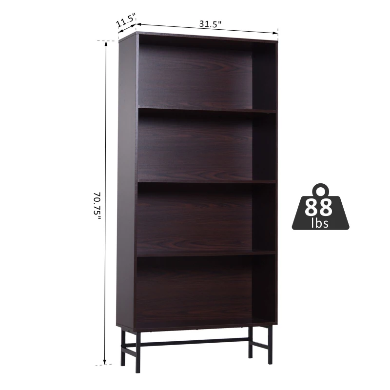 HomCom 71" 4-Shelf Modern Open Wood Grain Bookcase with Metal Feet - Dark Coffee