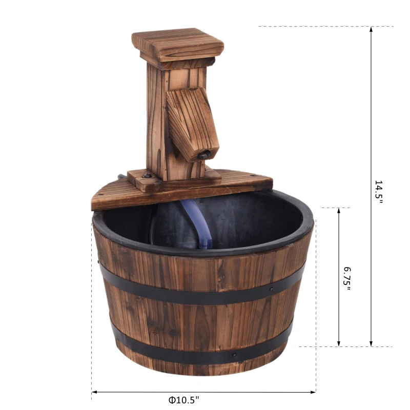 Outsunny Barrel Water Fountain Wood Garden Decor Metal Rustic Outdoor Pump with Flower Planter