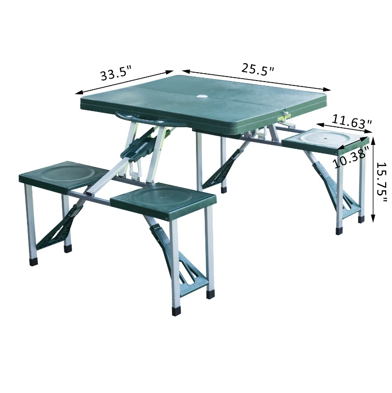 Open Box Outsunny 4 Person Plastic Portable Compact Folding Suitcase Picnic Table Set with Umbrella Hole - Green