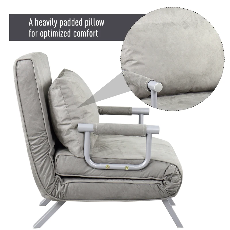 HomCom Single Person Folding 5 Position Steel Convertible Sleeper Bed Sofa Chair - Grey