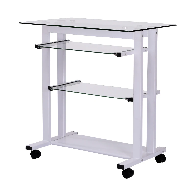 HomCom 33" Contemporary Glass Top Portable Workstation Desk Cart With Shelves - White